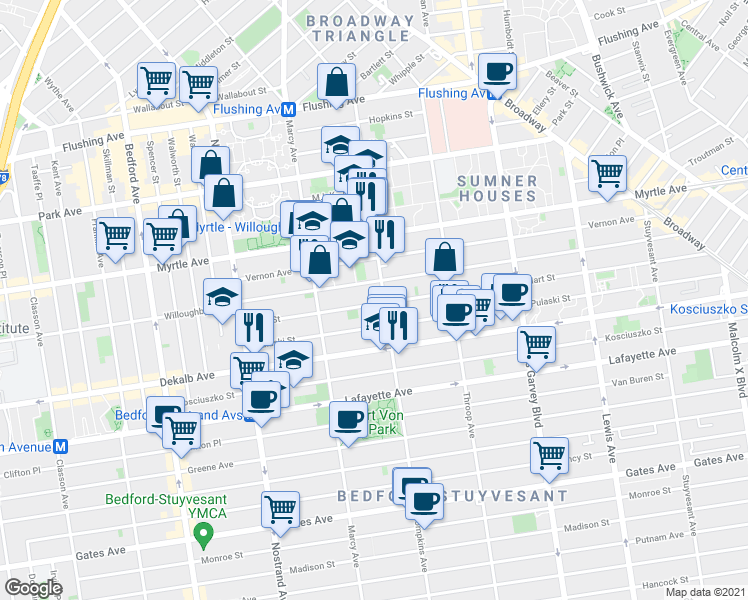 map of restaurants, bars, coffee shops, grocery stores, and more near 111 Hart Street in Brooklyn