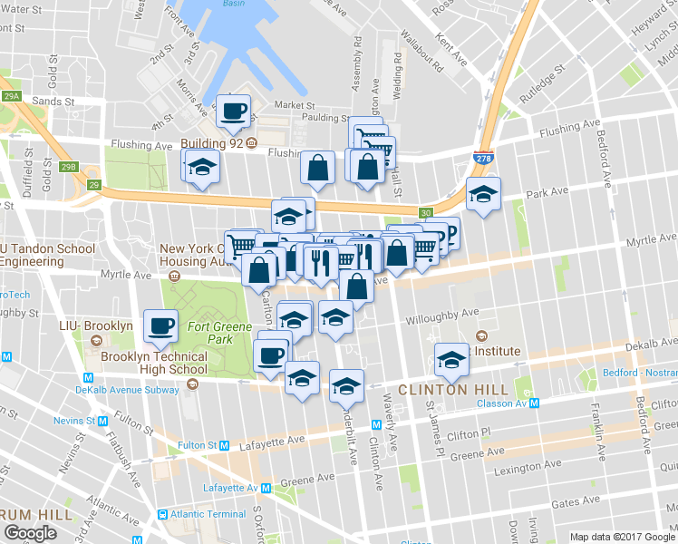 map of restaurants, bars, coffee shops, grocery stores, and more near 132 Clinton Avenue in Brooklyn