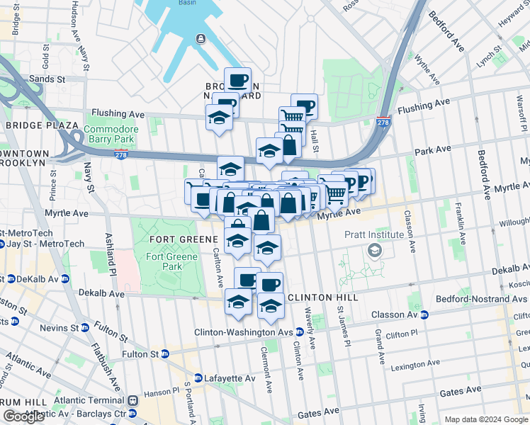 map of restaurants, bars, coffee shops, grocery stores, and more near 132 Clinton Avenue in Brooklyn
