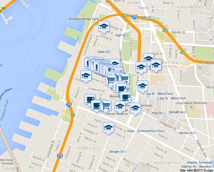 map of restaurants, bars, coffee shops, grocery stores, and more near 134 Remsen Street in Brooklyn
