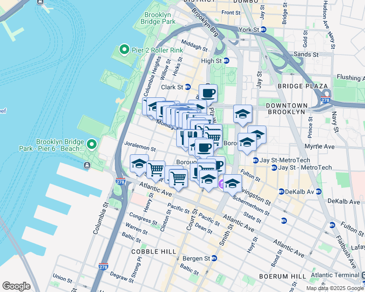 map of restaurants, bars, coffee shops, grocery stores, and more near 134 Remsen Street in Brooklyn