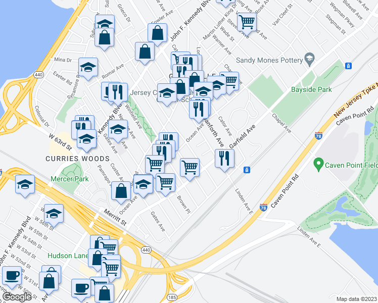 map of restaurants, bars, coffee shops, grocery stores, and more near 156 Ocean Avenue in Jersey City
