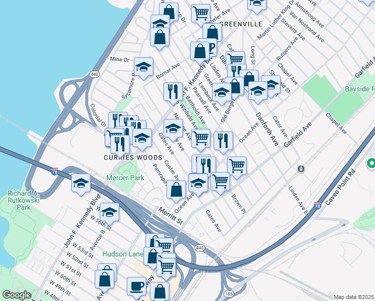 map of restaurants, bars, coffee shops, grocery stores, and more near 160 Seaview Avenue in Jersey City