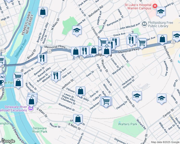 map of restaurants, bars, coffee shops, grocery stores, and more near 320 Irwin Street in Phillipsburg