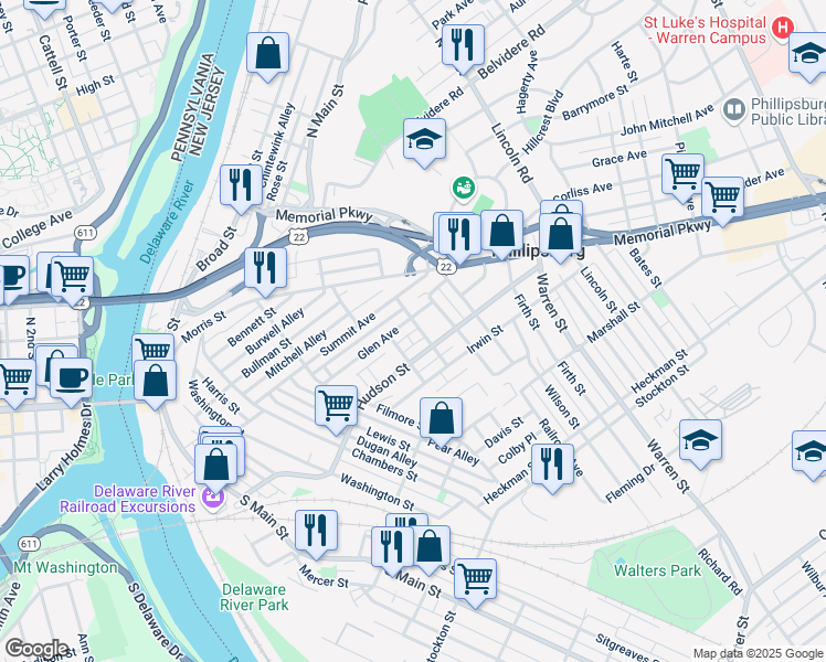 map of restaurants, bars, coffee shops, grocery stores, and more near 49 Schultz Avenue in Phillipsburg