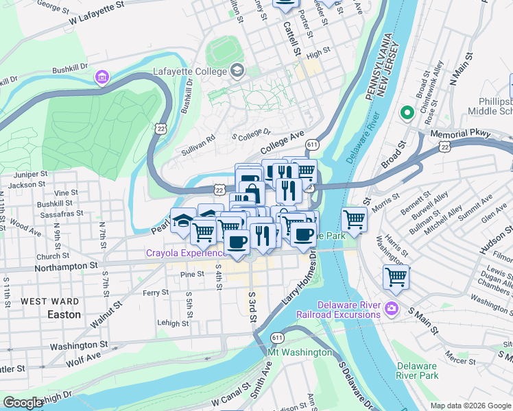 map of restaurants, bars, coffee shops, grocery stores, and more near 229 Spring Garden Street in Easton