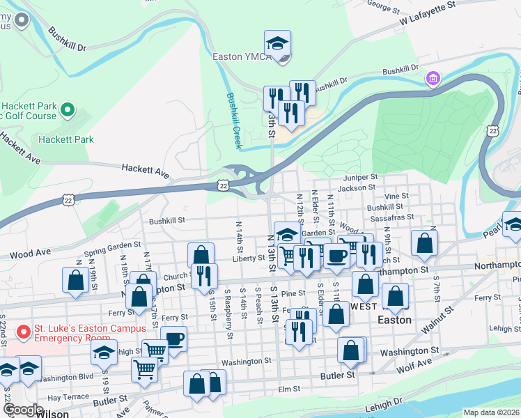 map of restaurants, bars, coffee shops, grocery stores, and more near 345 North 14th Street in Easton