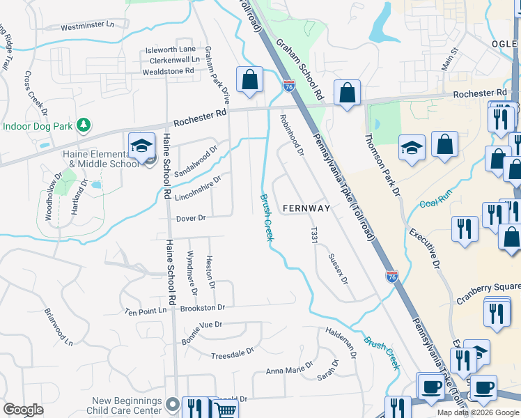 map of restaurants, bars, coffee shops, grocery stores, and more near 320 Byron Circle in Cranberry Township