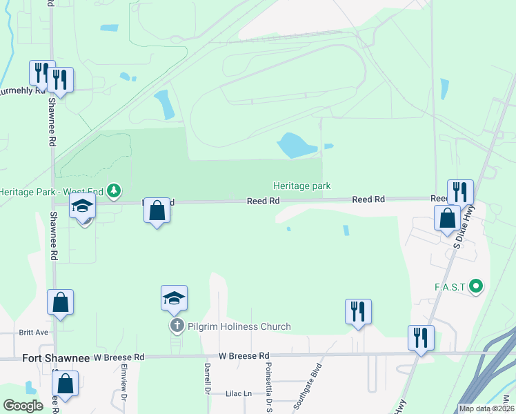 map of restaurants, bars, coffee shops, grocery stores, and more near 1845 Reed Road in Lima