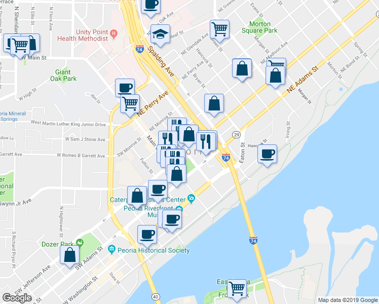 map of restaurants, bars, coffee shops, grocery stores, and more near in Peoria