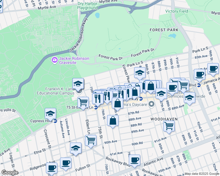 map of restaurants, bars, coffee shops, grocery stores, and more near 78-05 86th Avenue in Queens
