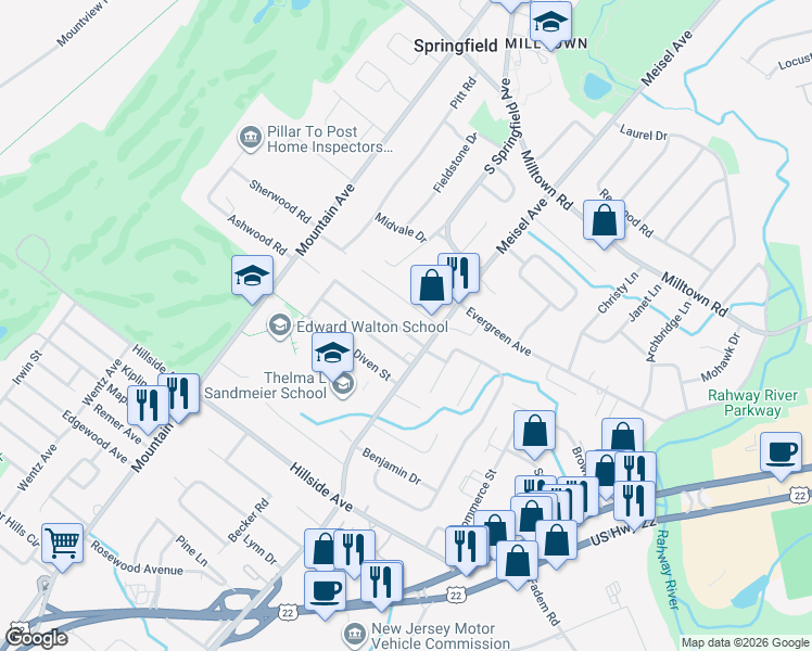 map of restaurants, bars, coffee shops, grocery stores, and more near 26 Ruby Street in Springfield