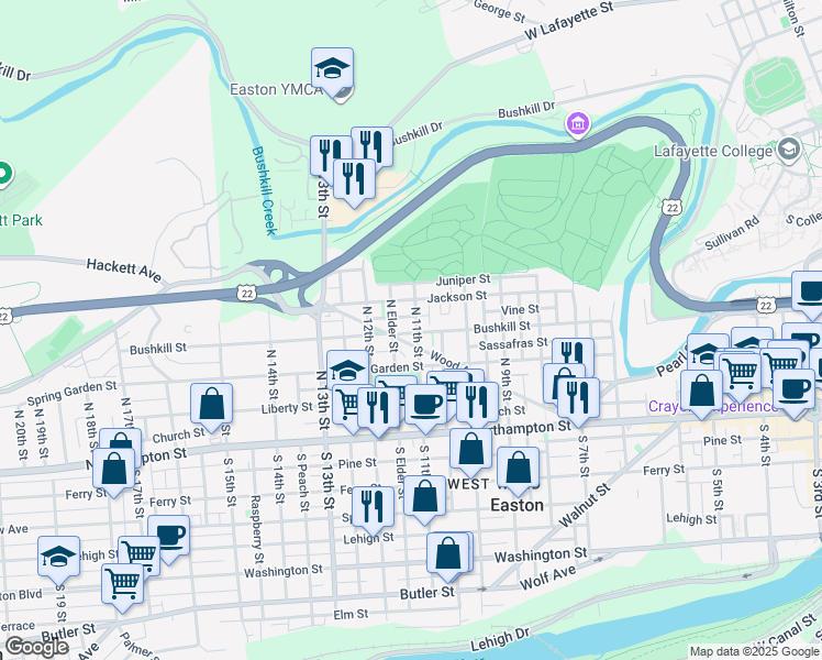 map of restaurants, bars, coffee shops, grocery stores, and more near 300 North 11th Street in Easton