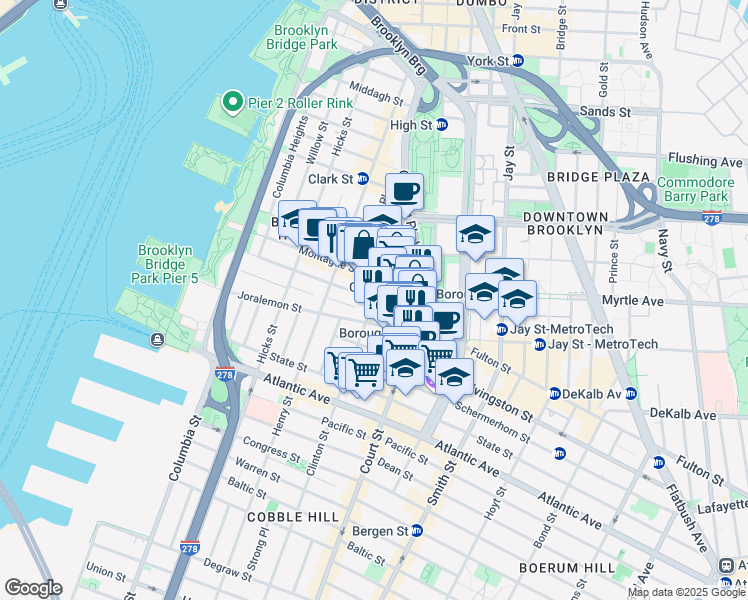 map of restaurants, bars, coffee shops, grocery stores, and more near 75 Clinton Street in Brooklyn