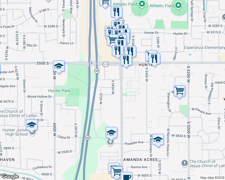 map of restaurants, bars, coffee shops, grocery stores, and more near 3624 South 5650 West in West Valley City