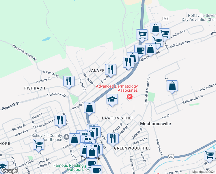 map of restaurants, bars, coffee shops, grocery stores, and more near 411 Nichols Street in Pottsville
