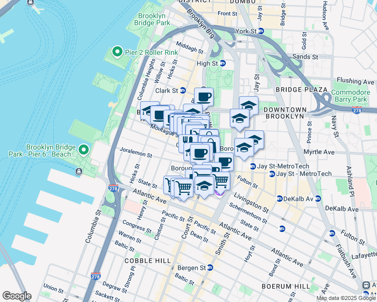 map of restaurants, bars, coffee shops, grocery stores, and more near Clinton St & Remsen St in Brooklyn