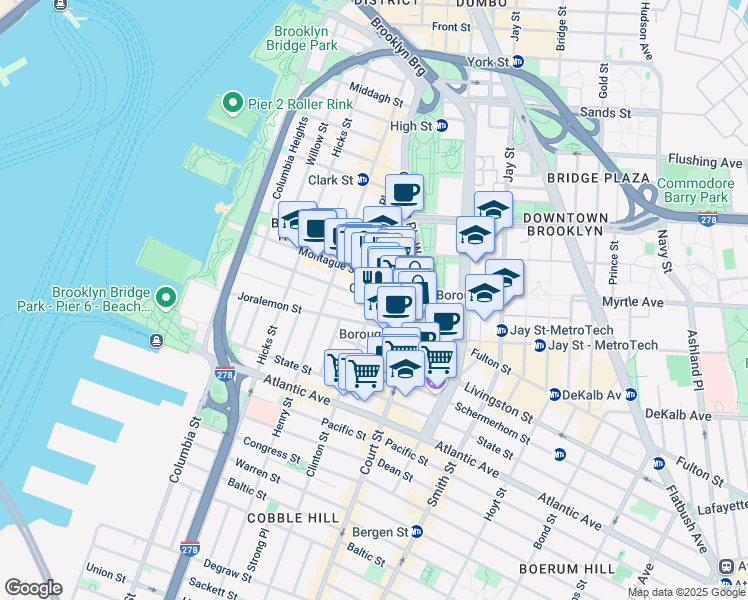 map of restaurants, bars, coffee shops, grocery stores, and more near 102 Clinton Street in Brooklyn