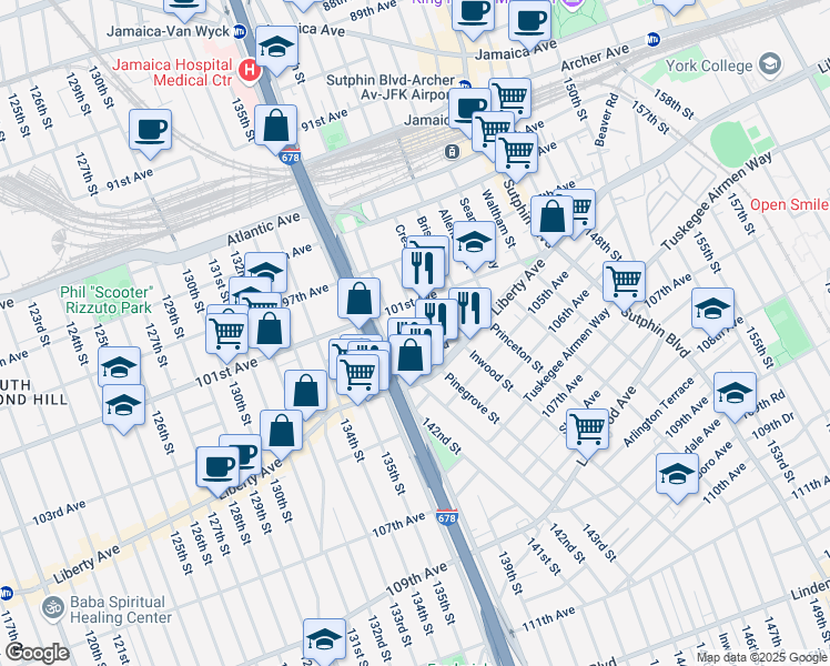 map of restaurants, bars, coffee shops, grocery stores, and more near 138-16 102nd Avenue in Queens