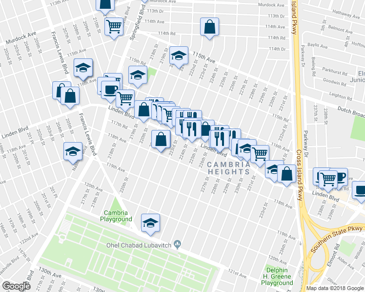map of restaurants, bars, coffee shops, grocery stores, and more near 117-16 224th Street in Queens