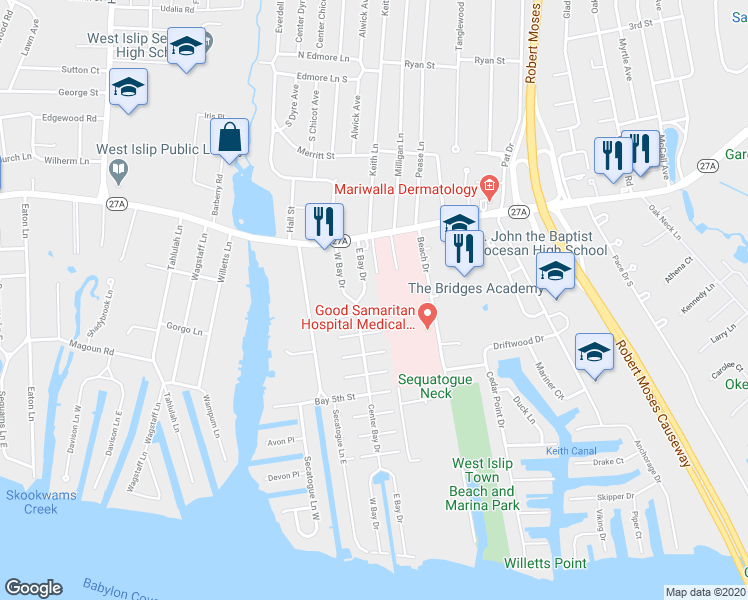 map of restaurants, bars, coffee shops, grocery stores, and more near 35 East Bay Drive in West Islip