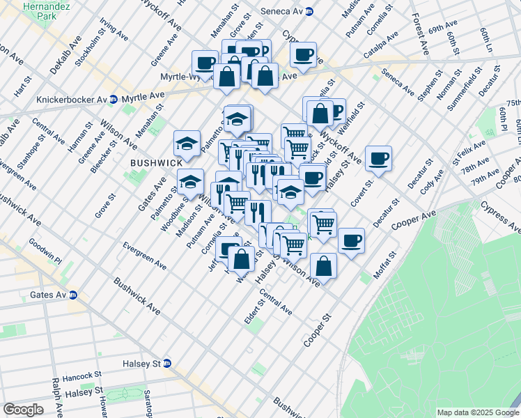 map of restaurants, bars, coffee shops, grocery stores, and more near 1336 Jefferson Avenue in Brooklyn