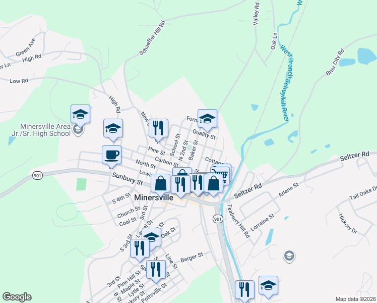 map of restaurants, bars, coffee shops, grocery stores, and more near 336 North Front Street in Minersville