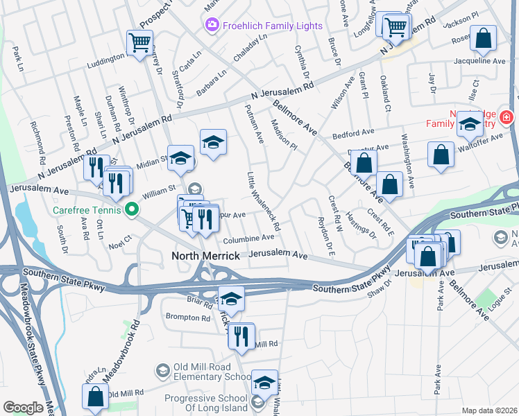 map of restaurants, bars, coffee shops, grocery stores, and more near 84 Larkspur Avenue in North Merrick