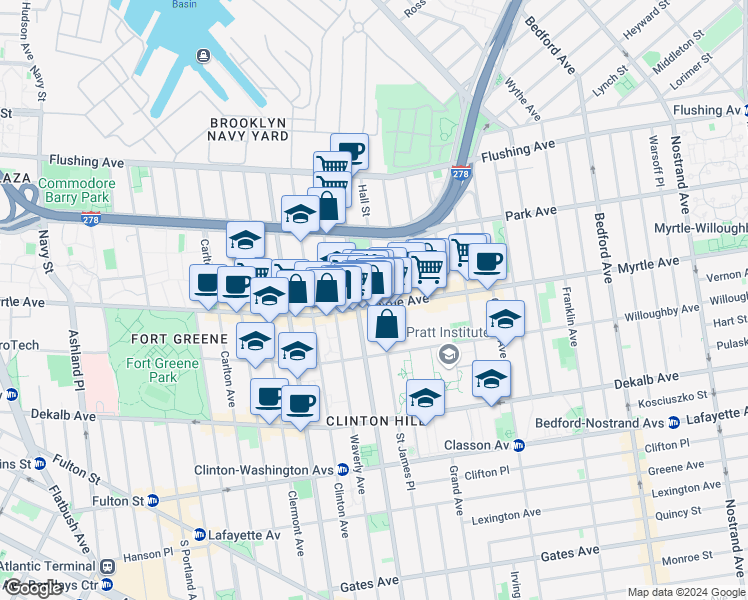 map of restaurants, bars, coffee shops, grocery stores, and more near 479 Myrtle Avenue in Brooklyn