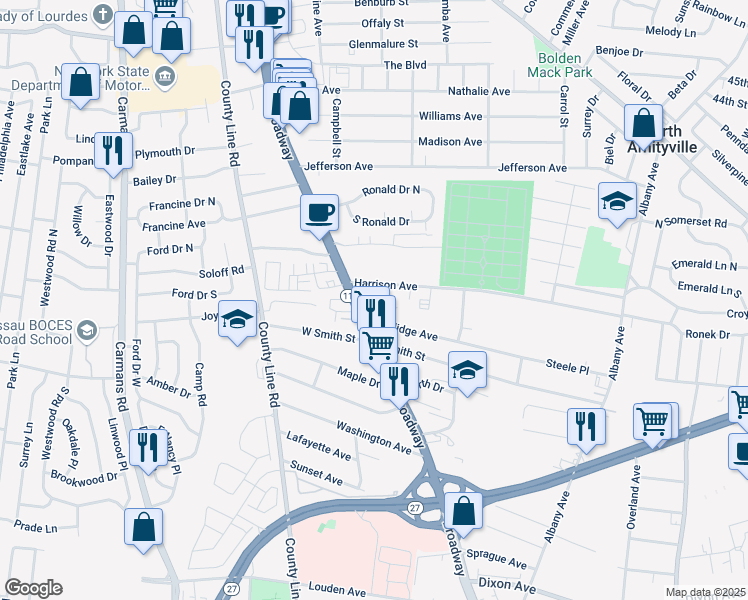 map of restaurants, bars, coffee shops, grocery stores, and more near 7 Hatcher Court in Amityville