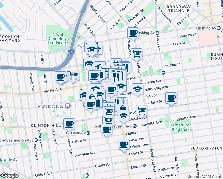 map of restaurants, bars, coffee shops, grocery stores, and more near 908A Bedford Avenue in Brooklyn