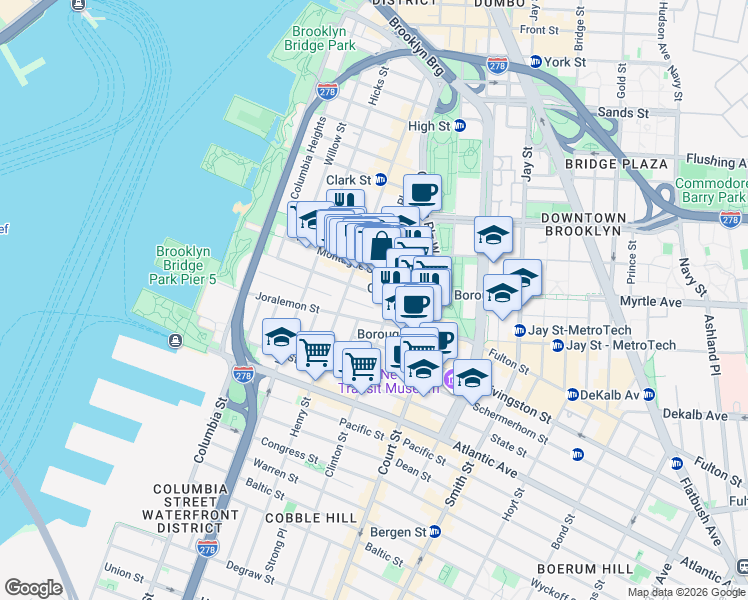 map of restaurants, bars, coffee shops, grocery stores, and more near 134 Remsen Street in Brooklyn