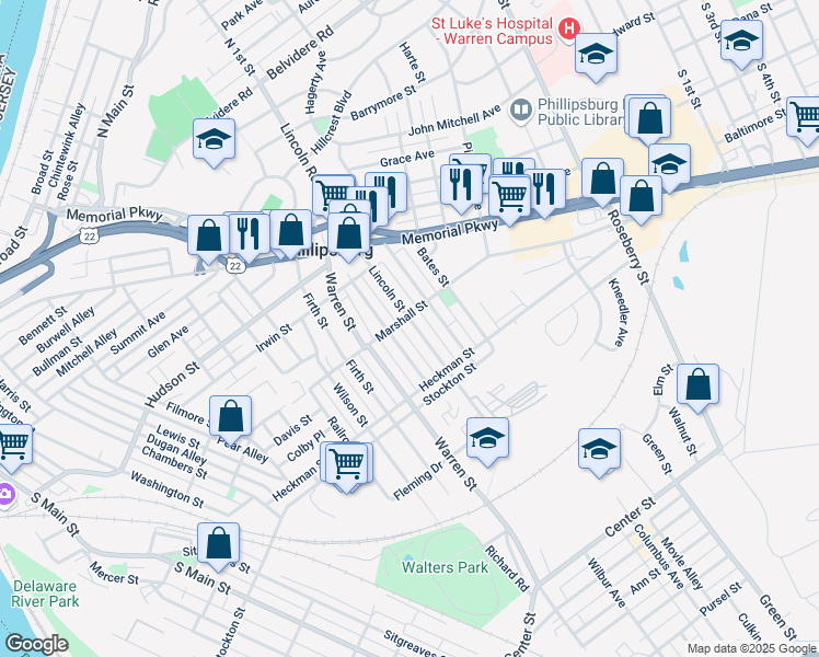 map of restaurants, bars, coffee shops, grocery stores, and more near 338 Lincoln Street in Phillipsburg