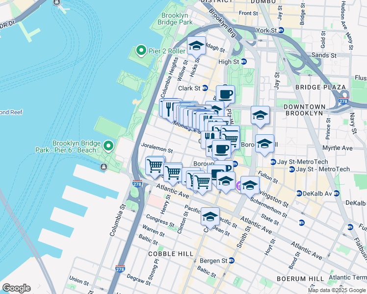 map of restaurants, bars, coffee shops, grocery stores, and more near 228 Henry Street in Brooklyn