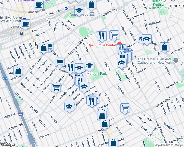 map of restaurants, bars, coffee shops, grocery stores, and more near 108-29 155th Street in Queens