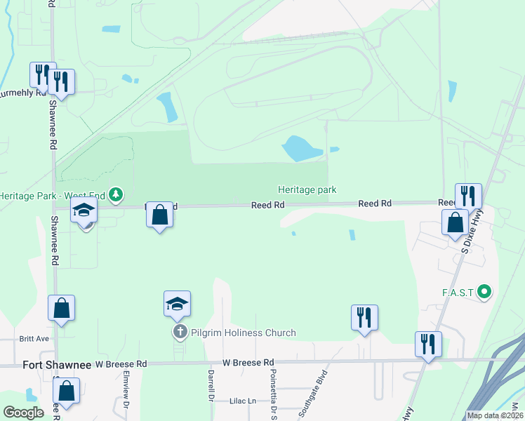 map of restaurants, bars, coffee shops, grocery stores, and more near 1845 Reed Road in Lima
