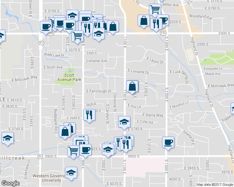 map of restaurants, bars, coffee shops, grocery stores, and more near 3577 Christine Street in Millcreek