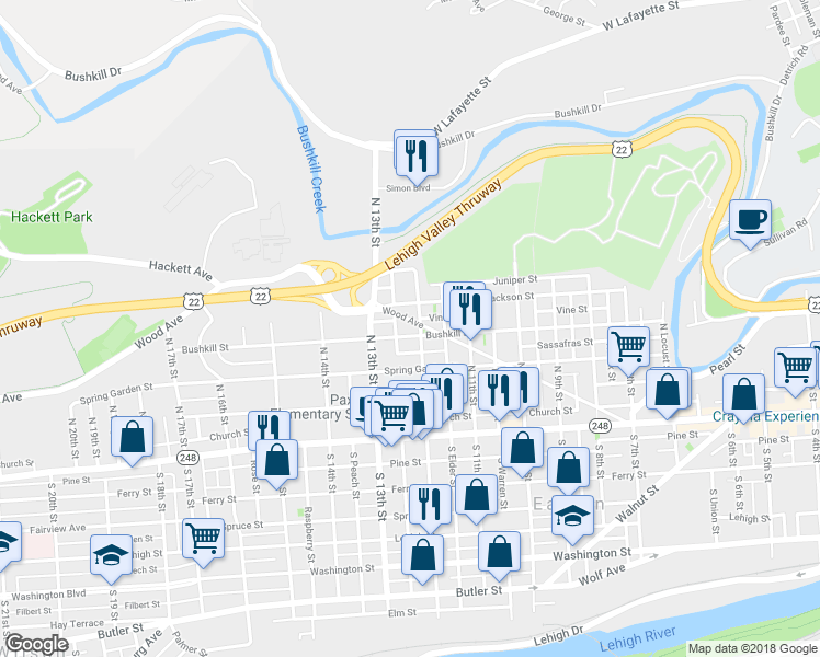 map of restaurants, bars, coffee shops, grocery stores, and more near 1207 Bushkill Street in Easton