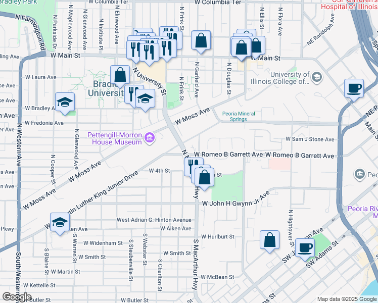 map of restaurants, bars, coffee shops, grocery stores, and more near 913 West Romeo B Garrett Avenue in Peoria