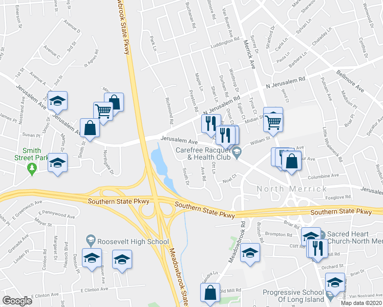 map of restaurants, bars, coffee shops, grocery stores, and more near 1056 North Drive in Merrick
