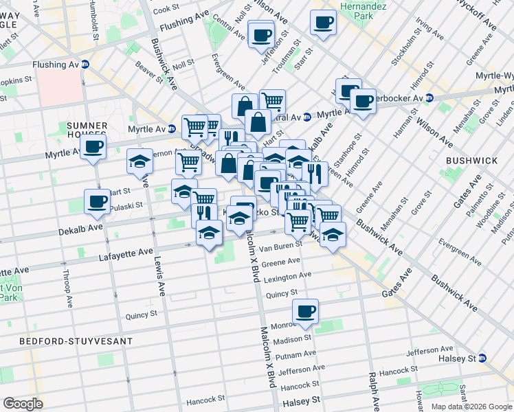map of restaurants, bars, coffee shops, grocery stores, and more near 1096 DeKalb Avenue in Brooklyn