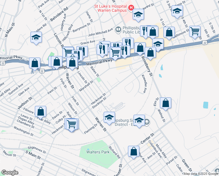 map of restaurants, bars, coffee shops, grocery stores, and more near 389 Bates St in Phillipsburg