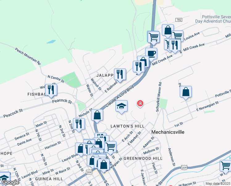 map of restaurants, bars, coffee shops, grocery stores, and more near 417 North Nicholas Street in Saint Clair