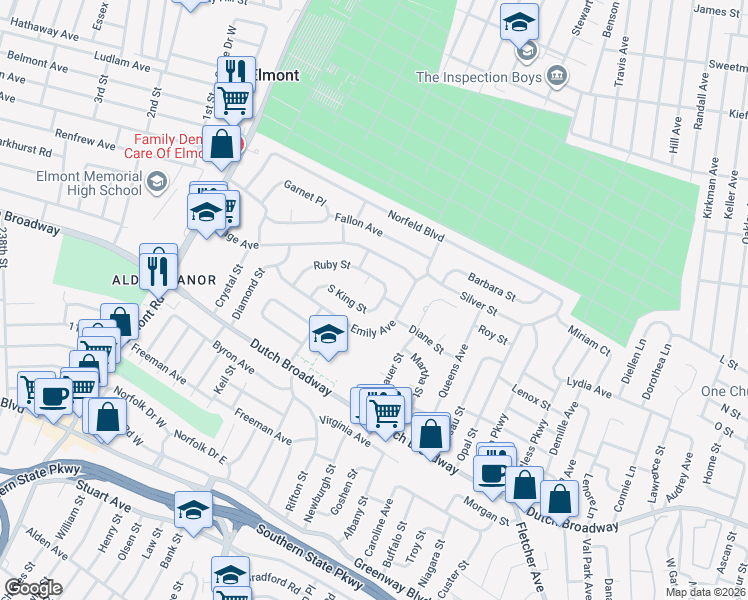 map of restaurants, bars, coffee shops, grocery stores, and more near 290 South King Street in Elmont