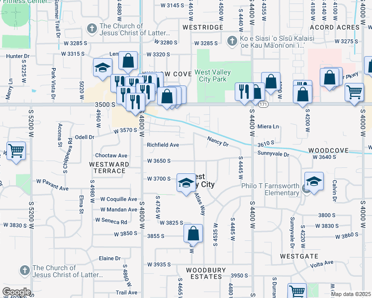 map of restaurants, bars, coffee shops, grocery stores, and more near 3625 Richfield Circle in West Valley City