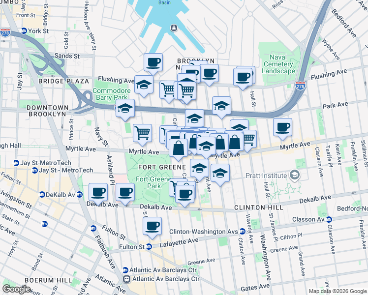 map of restaurants, bars, coffee shops, grocery stores, and more near 137 Carlton Avenue in Brooklyn