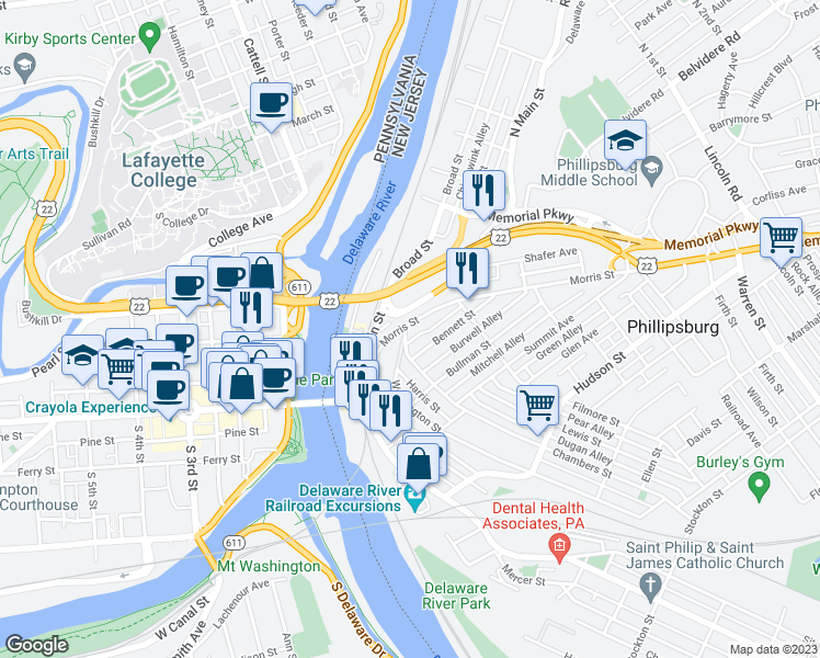 map of restaurants, bars, coffee shops, grocery stores, and more near 3 Chambers Street in Phillipsburg