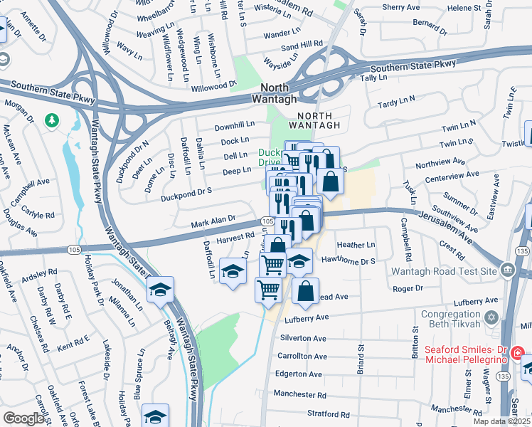 map of restaurants, bars, coffee shops, grocery stores, and more near 3298 Cherrywood Drive in Wantagh