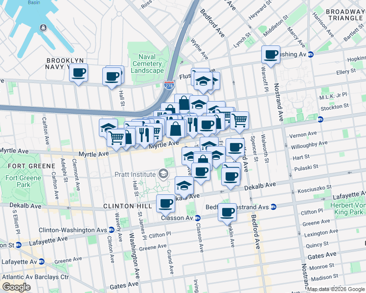 map of restaurants, bars, coffee shops, grocery stores, and more near 200 Classon Avenue in Brooklyn