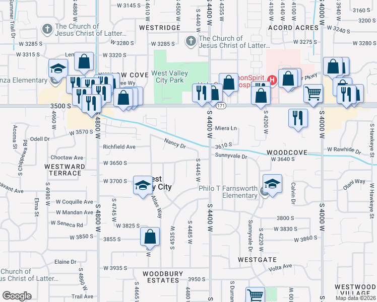 map of restaurants, bars, coffee shops, grocery stores, and more near 4477 Nancy Drive in West Valley City